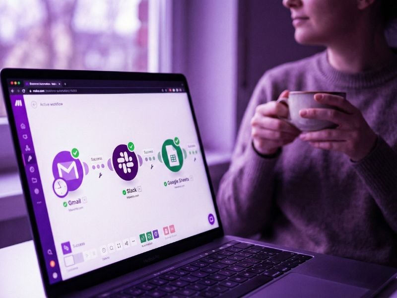 Scénario Make ouvert sur ordinateur — automatisation No-Code d'un workflow métier PME par Ylora