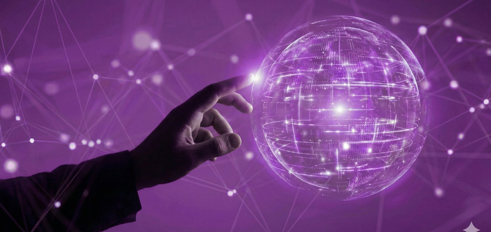 Main touchant une sphère terrestre virtuelle — l'intelligence artificielle et l'automatisation connectent les systèmes d'une PME à l'échelle mondiale
